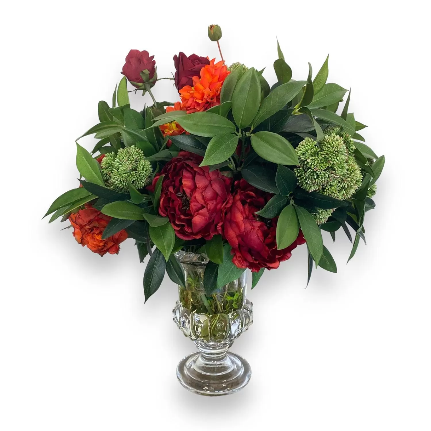 Silk Roses, Dahlias & Peonies In Glass Vase>Roger's Gardens New